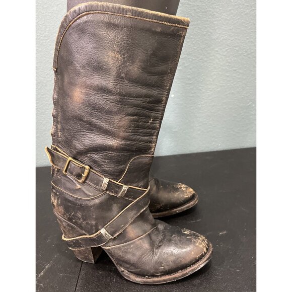Freebird Shoes - Freebird Teagan Boots Womens 8 Black Distressed Leather Knee High Western Buckle